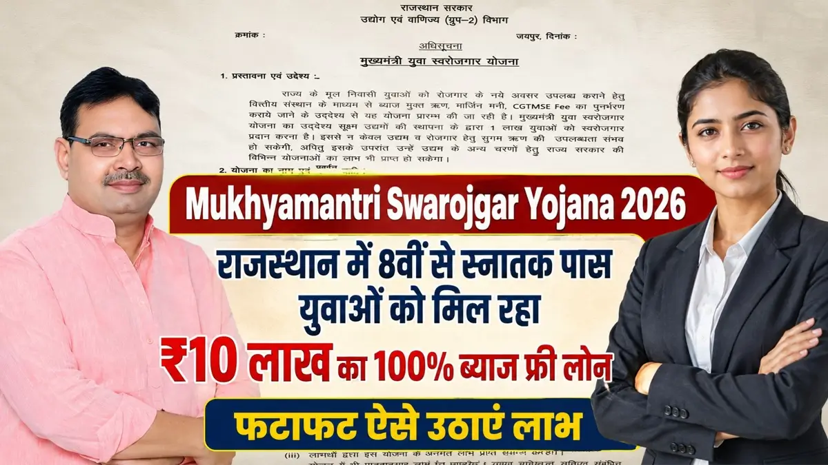 Mukhyamantri Swarojgar Yojana 2026: राजस्थान में खुद का बिजनेस शुरू करने के लिए मिलेगा ₹10 लाख का ब्याज मुक्त लोन, जानें पूरी प्रक्रिया