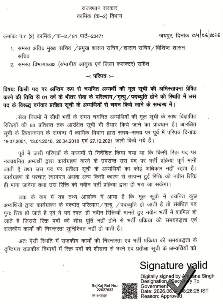राजस्थान सरकारी नौकरी वेटिंग लिस्ट नियम 2026: अब खाली पदों पर सीधे मिलेगी नियुक्ति, जानें भजनलाल सरकार का नया आदेश