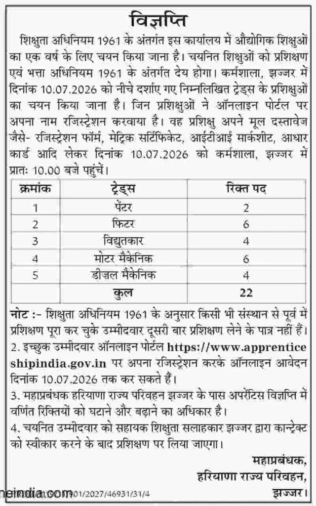 हरियाणा रोडवेज झज्जर डिपो भर्ती 2026: 10वीं और ITI पास के लिए अप्रेंटिस पदों पर सीधी भर्ती, जानें आवेदन और चयन प्रक्रिया
